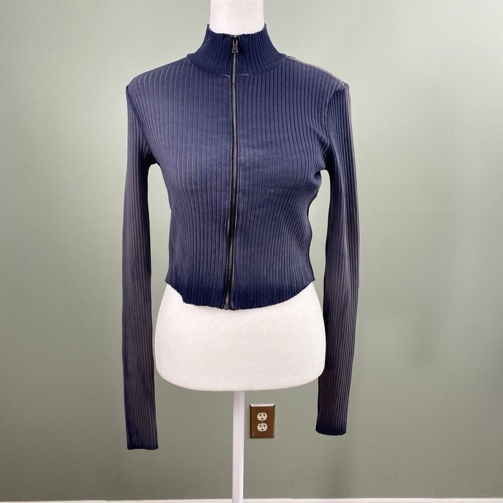 Cotton Citizen Ibiza Top Womens Medium Blue Gray Zip Crop Faded Ribbed Stretch